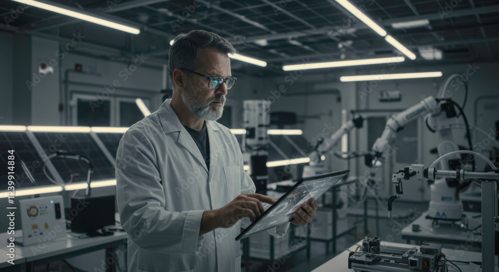 Modern Scientist in Laboratory: A focused middle-aged scientist in a lab coat, immersed in his work, manipulates a tablet, surrounded by advanced machinery, including robotic arms, and solar panels. Modern Scientist in Laboratory: A focused middle-aged scientist in a lab coat, immersed in his work, manipulates a tablet, surrounded by advanced machinery, including robotic arms, and solar panels.