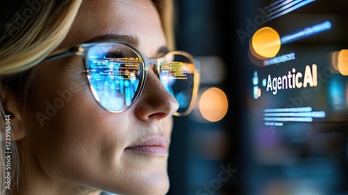Businesswoman Analyzing Data with AI Assistant in Modern Setting