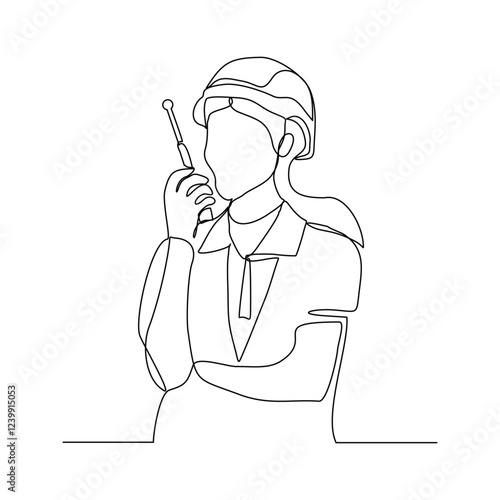 Continuous single line sketch drawing of architect engineer constructor building talking with walkie talkie radio control receiver. One line art of occupation professional work vector illustration