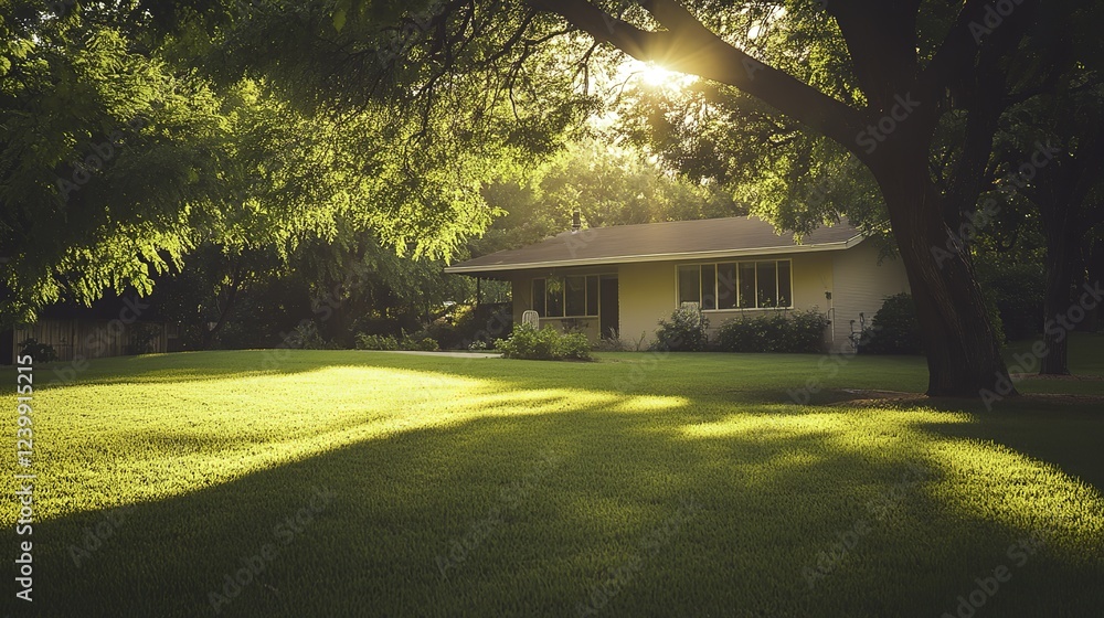 Naklejka premium Tranquil suburban home embraced by greenery, bathed in soft natural light, radiating warmth and harmony.