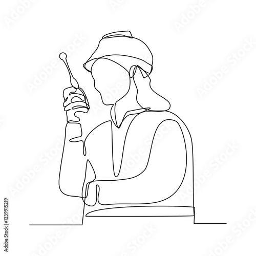 Continuous single line sketch drawing of architect engineer constructor building talking with walkie talkie radio control receiver. One line art of occupation professional work vector illustration