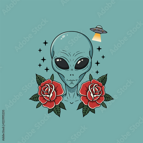 Alien Face with Roses and Ufo Tattoo Design