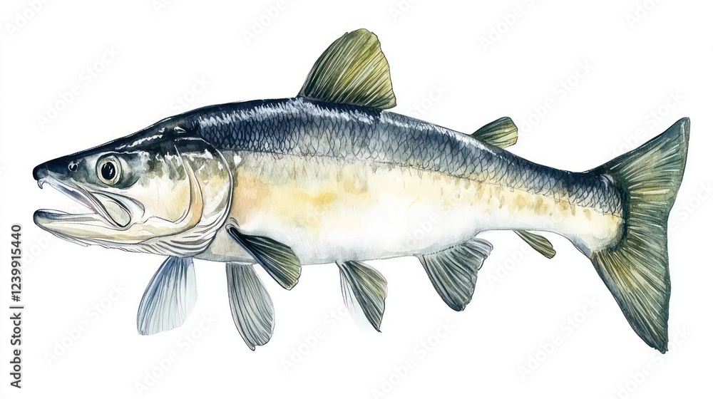 Fototapeta premium Detailed illustration of a fish, showcasing its scales, fins, and gills against a white background.