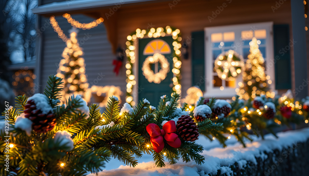 Fototapeta premium shining Christmas decorations outside the house. beautiful glowing Christmas composition of fir branches and cones outside. isolated with white shades