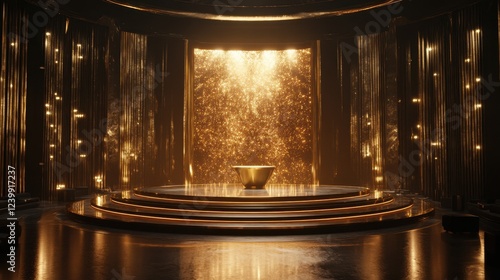 Golden bowl on tiered platform, sparkling backdrop. Ideal for award shows, luxury product displays, or fantasy scenes. photo