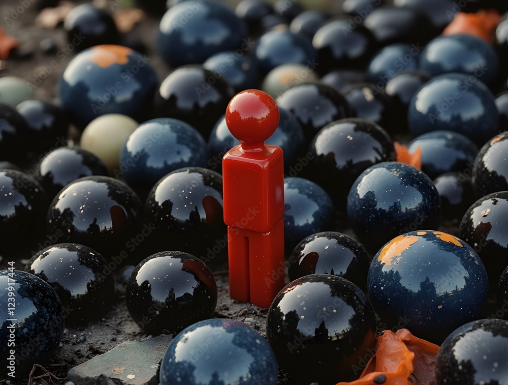 Naklejka premium A red figure among black spheres symbolizes identifying insider threats