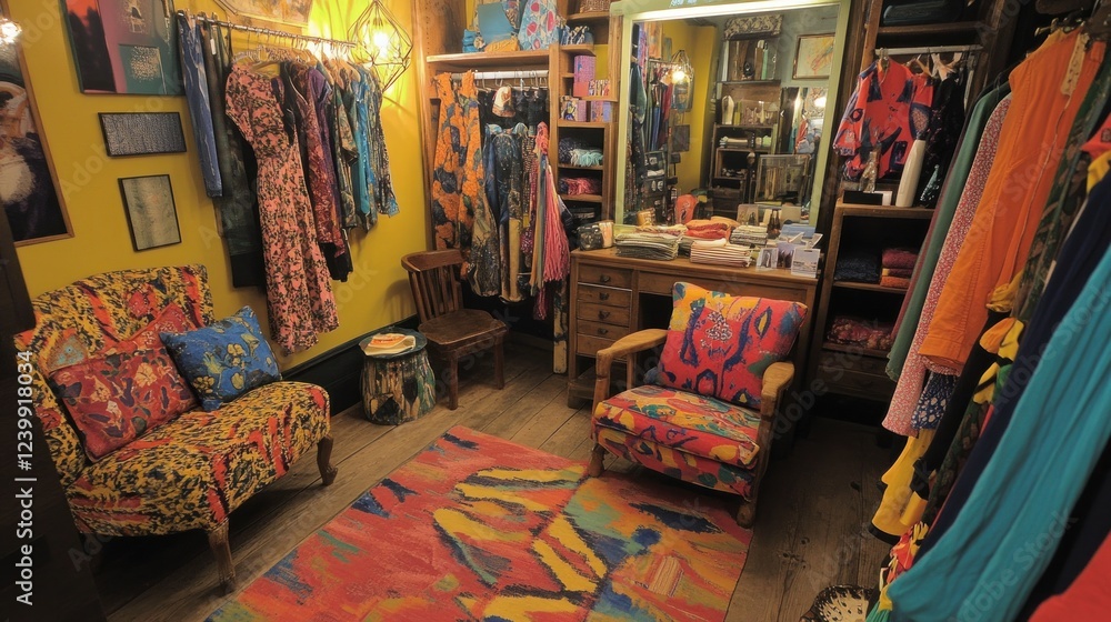 Fototapeta premium Bohemian Chic Boutique Interior: Vibrant Clothing and Textiles