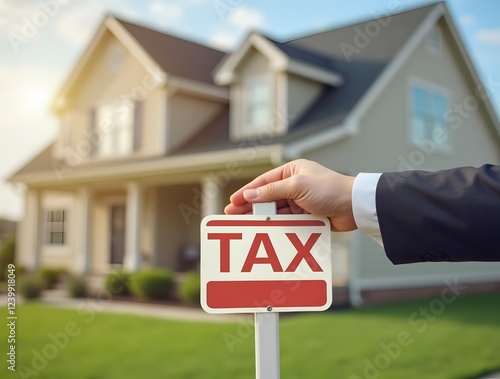 House with 'tax' sign symbolizes property tax obligations photo