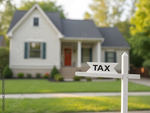 House with 'tax' sign symbolizes property tax obligations photo