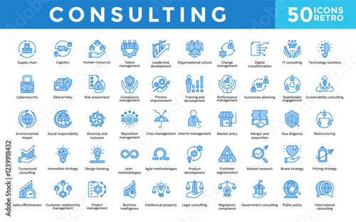 Consulting icons set with supply chain, logistics, human resources, talent management, leadership development, organizational culture, change management icon. Simple retro vector 
