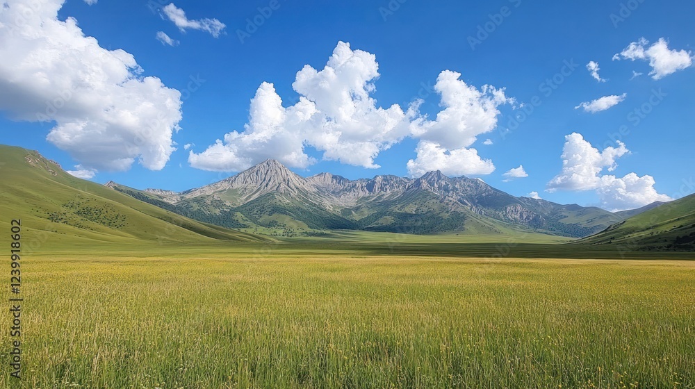 Fototapeta premium Majestic mountain range overlooking vast, golden field under a vibrant blue sky.