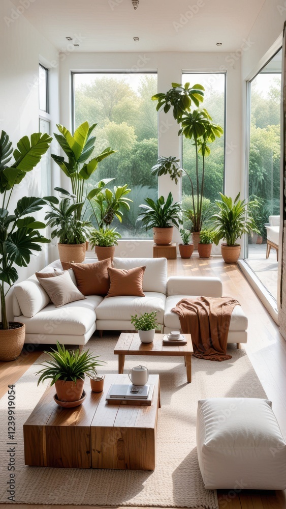 Fototapeta premium a modern, minimalist living room with a large L-shaped white sofa, brown cushions, a low wooden coffee table, and large potted plants.