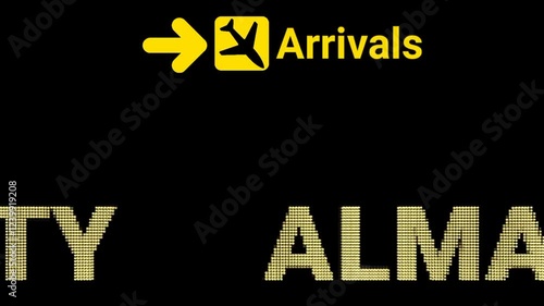 Black Background Magic: ALMATY Airport’s Animated LED Sign Board Shines Bright.  Suitable for YouTube intros, website banners, or corporate videos focused on aviation and global connectivity