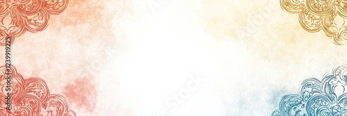 A banner background with beautiful Arabic ornamental patterns on the sides, a white center space for text, a subtle watercolor texture, and a white color palette
