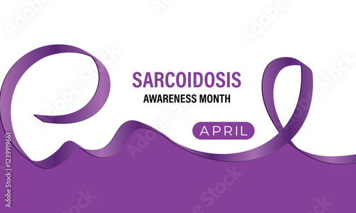 Sarcoidosis Awareness Month is observed annually in April to raise awareness about sarcoidosis. Most commonly the lungs and lymph nodes. Purple Realistic ribbon. Vector illustration of background.