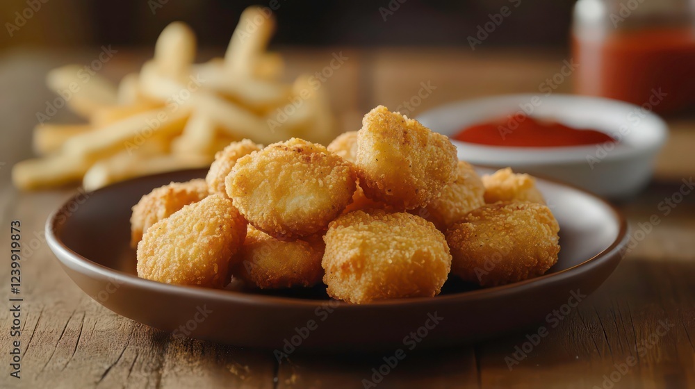 Crispy chicken nuggets served with french fries and ketchup on a rustic wooden table. Crispy chicken nuggets served with french fries and ketchup on a rustic wooden table.