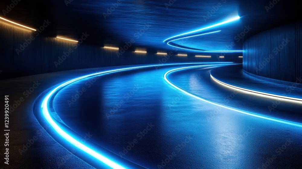 Fototapeta premium Blue Neon Tunnel, Curved Road, Night, Futuristic, Abstract, Background, Design