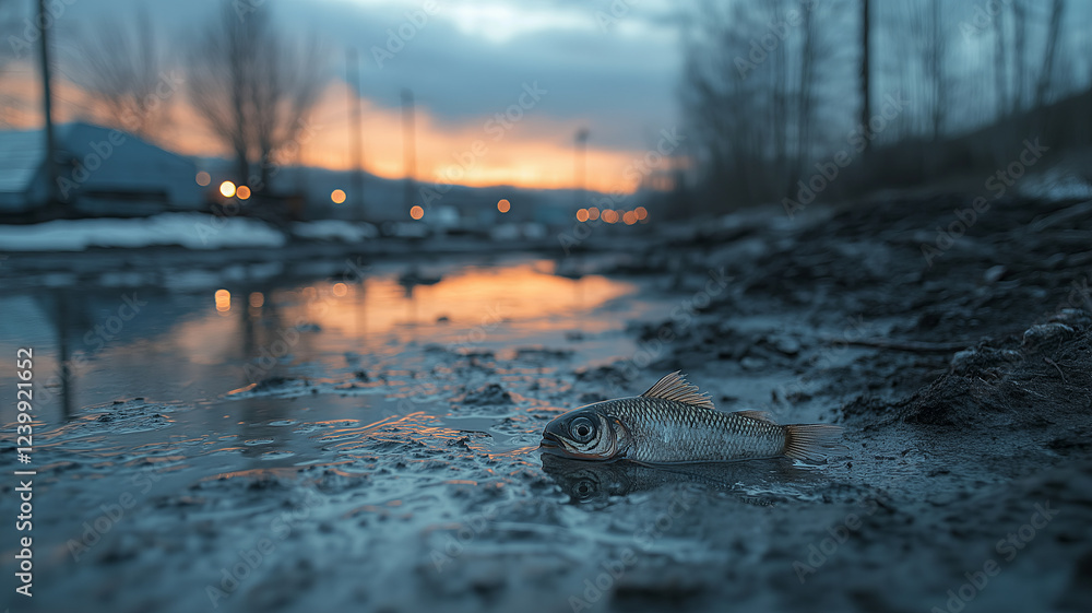 Naklejka premium A fish lies stranded on wet, cracked mud as the sun sets, highlighting the impact of drought and water depletion in urban environments.