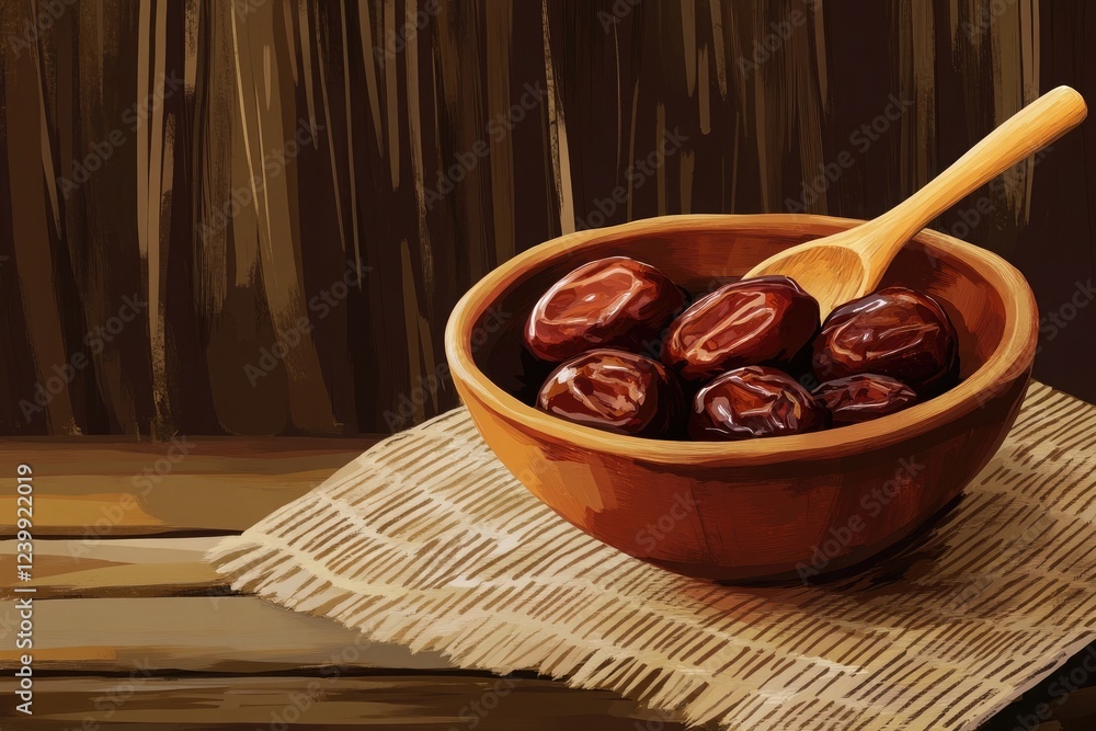 A bowl of dates on the table with a wooden spoon, close-up, on a brown and beige cloth mat, with a wooden background A bowl of dates on the table with a wooden spoon, close-up, on a brown and beige cloth mat, with a wooden background