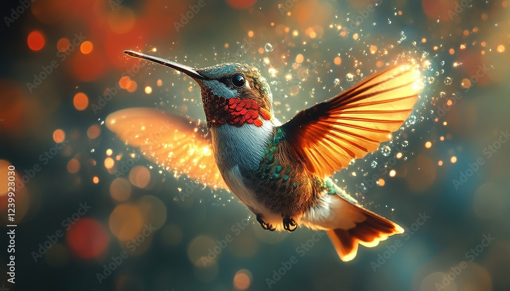Naklejka premium Hummingbird in magical flight with glowing wings, bokeh background