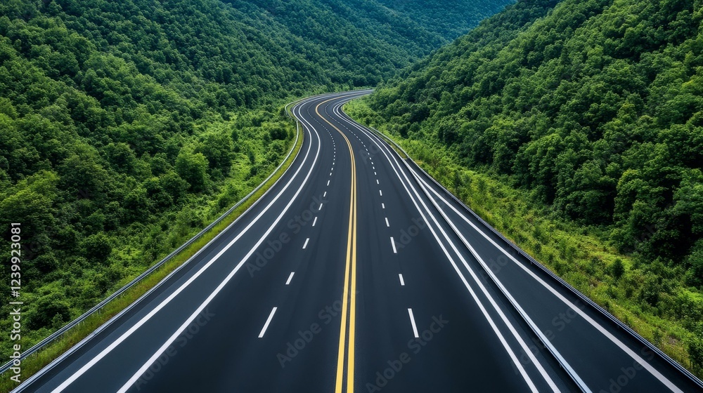 Fototapeta premium Economic infrastructure two-lane highway through majestic mountains with scenic natural landscape