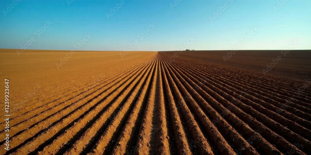 Naklejka premium Vast Agricultural Field Under a Clear Sky, Showing Rows of Prepared Soil Ready for Planting, a Serene Landscape of Rural Farming
