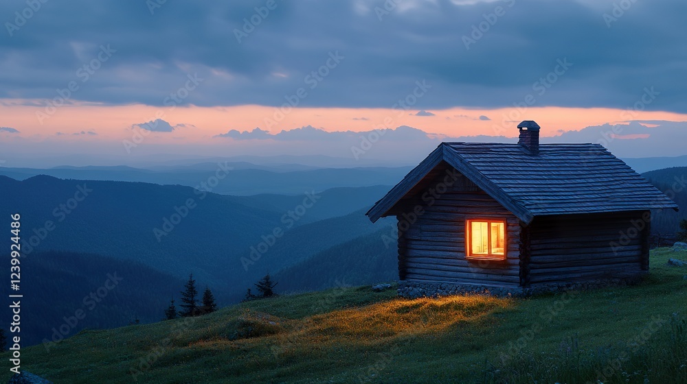 Mountain cabin at dusk, glowing window, scenic landscape background; ideal for travel, tranquility, and home concepts Mountain cabin at dusk, glowing window, scenic landscape background; ideal for travel, tranquility, and home concepts