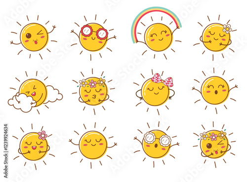 Sun funny drawing clipart icon set. Yellow sun faces with cute facial expressions and hand movements vector illustration clip art in hand drawn symbol collection.
