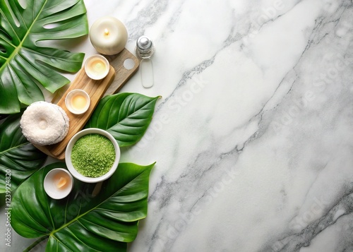 Luxurious Spa Treatment Flat Lay: Marble & Monstera Leaves photo