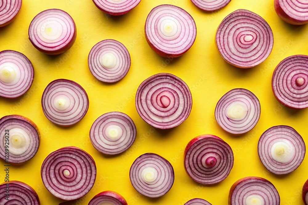 Minimalist Red Onion Slices on Yellow Background - Flat Lay Food Photography