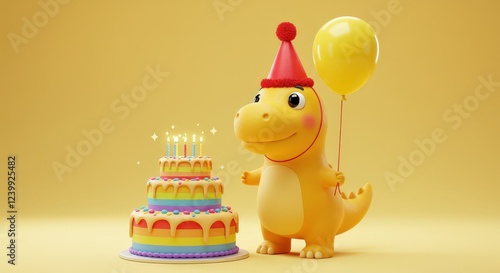 cute and cheerful Yellow Dinosaur at a Festive Birthday Party