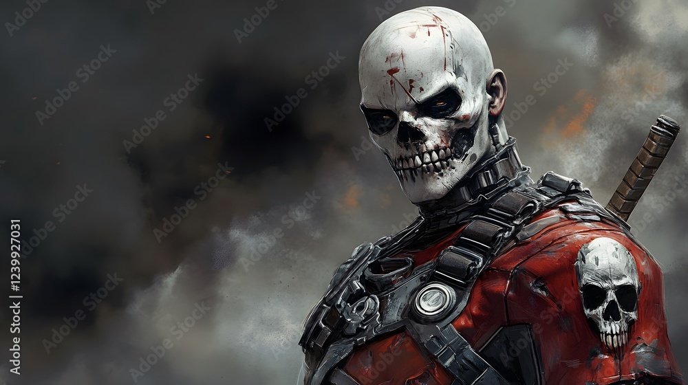 Fototapeta premium A cyborg warrior with skull faceplate and katana