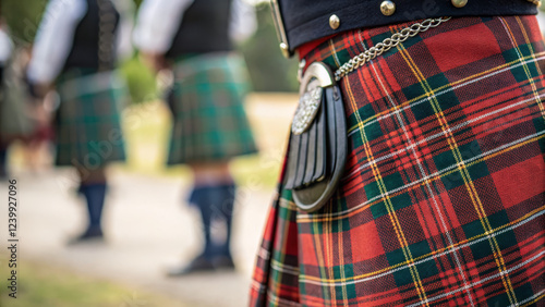 Authentic Scottish kilt with tartan pattern, showcasing traditional attire photo