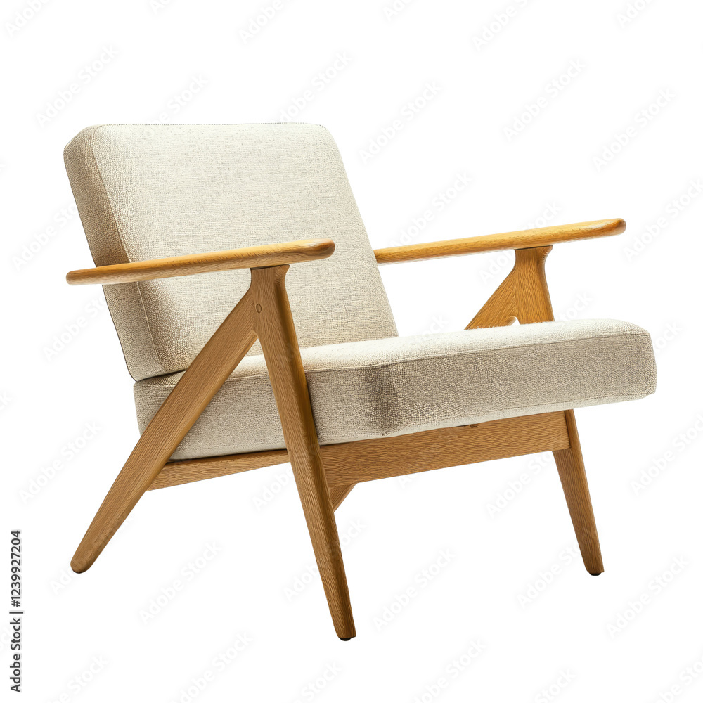 stylish mid century modern chair with wooden arms and light fabric seat, perfect for any living space. Its elegant design adds touch of sophistication and comfort