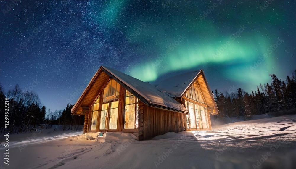 a frame cabin in the snow under the stars and aurora a frame cabin in the snow under the stars and aurora