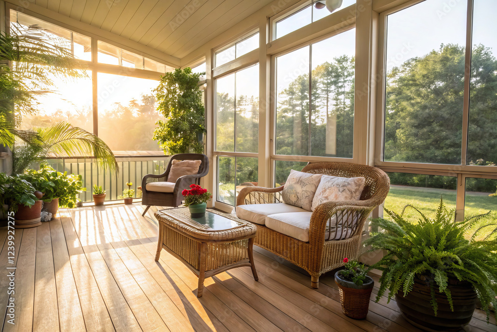 Fototapeta premium Cozy sunroom with natural light, plants, and comfortable seating