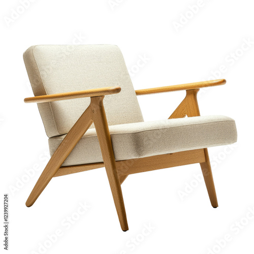 Obraz na płótnie stylish mid century modern chair with wooden arms and light fabric seat, perfect for any living space. Its elegant design adds touch of sophistication and comfort w salonie
