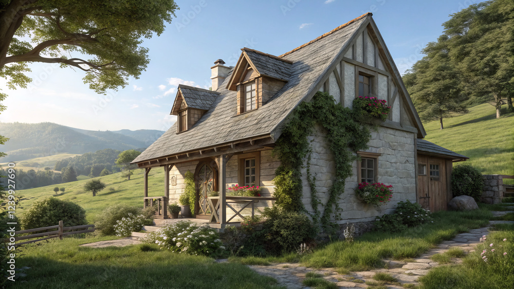 Fototapeta premium Charming rustic cottage with cozy countryside home exterior and lush greenery