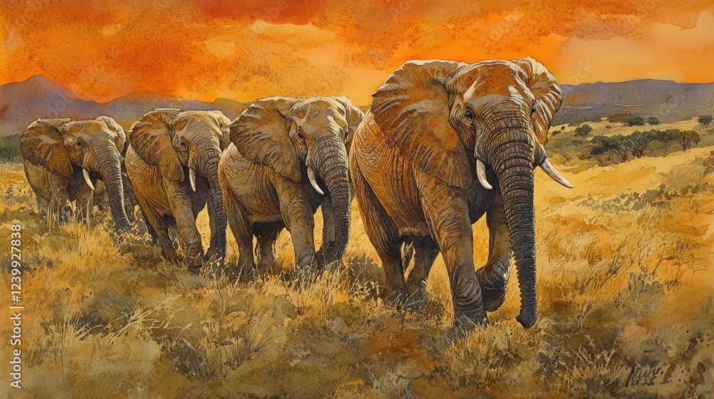 Fototapeta premium Elephants Migrating Across African Plains at Sunset