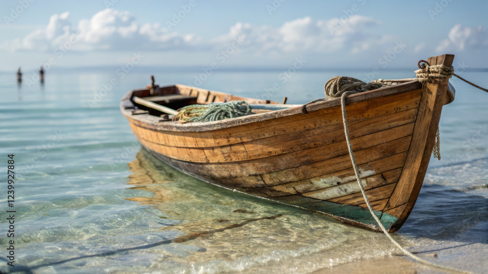Fototapeta small wooden boat rests on tranquil beach, reflecting calm ocean