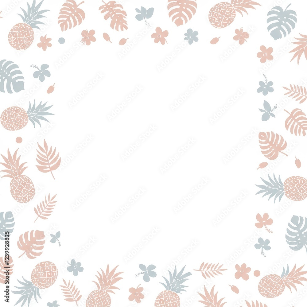 Tropical Floral Border Illustration with Pineapples, Leaves, and Flowers for Invitations and Crafts Tropical Floral Border Illustration with Pineapples, Leaves, and Flowers for Invitations and Crafts