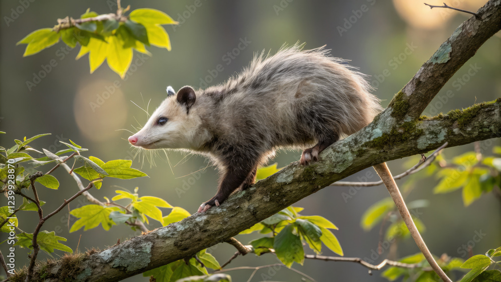 Obraz premium cute possum climbing tree in serene forest setting