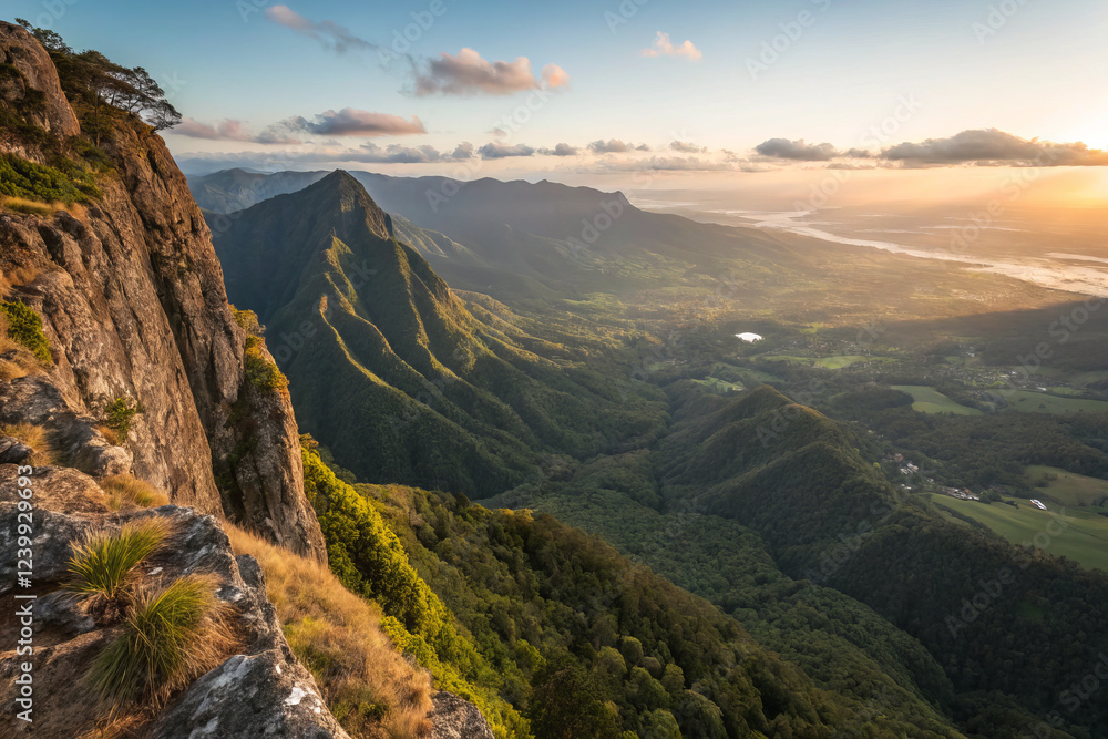 Obraz premium Breathtaking mountain landscape with lush greenery and sunset glow