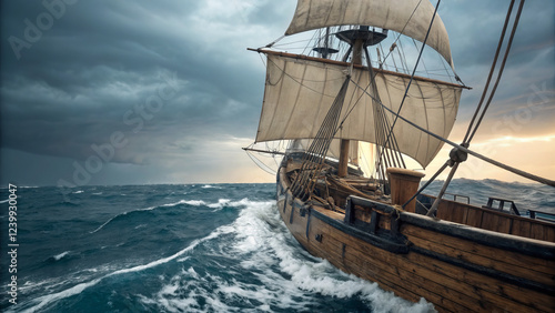 Epic whaler ship sailing through dramatic ocean waves under stormy skies