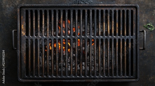 Overhead shot of a cast iron grill grate with glowing coals. Perfect for BBQ, grilling, and cooking themes.