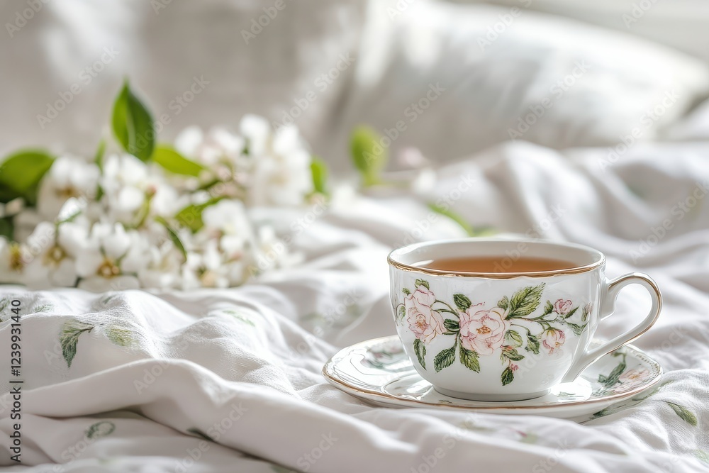 Delicate Porcelain Teacup with Tea on White Napkin Delicate Porcelain Teacup with Tea on White Napkin