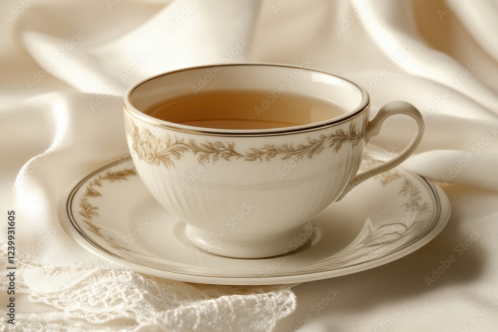 Elegant Porcelain Teacup with Tea on White Napkin Elegant Porcelain Teacup with Tea on White Napkin