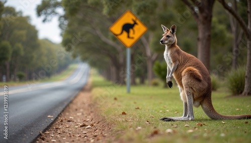 Kangaroo standing by the road with caution sign, looking curious in nature setting
