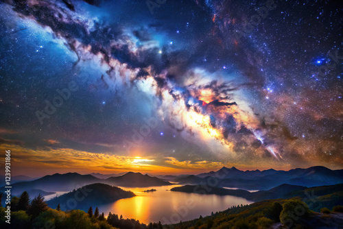 Stunning Milky Way galaxy over serene lake and mountains at sunset