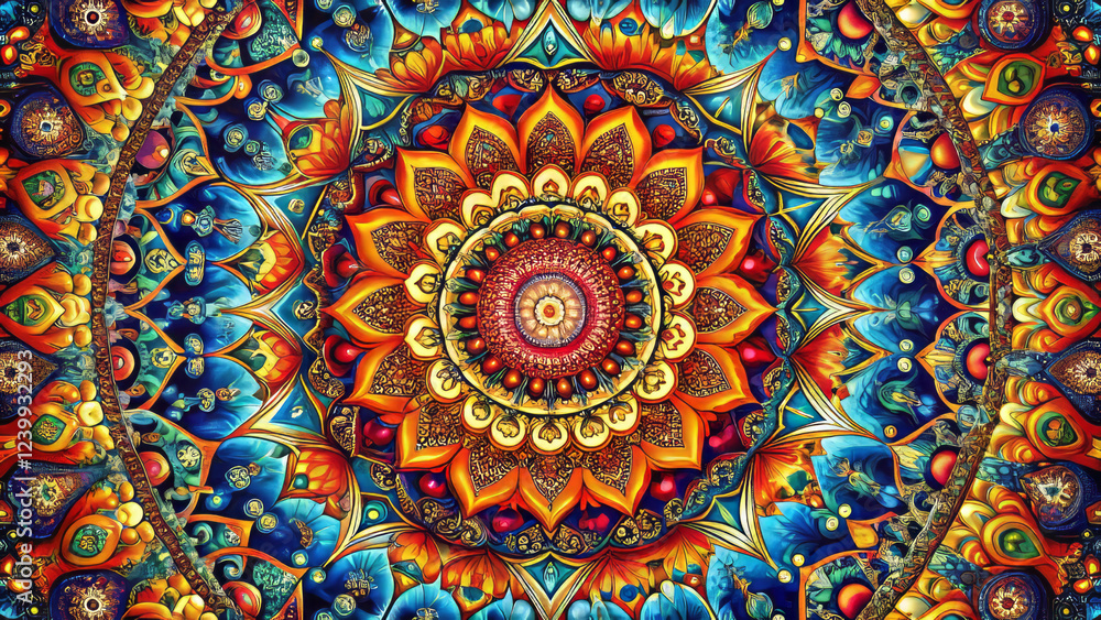 Stunning symmetrical patterns in vibrant colors create magical design Stunning symmetrical patterns in vibrant colors create magical design